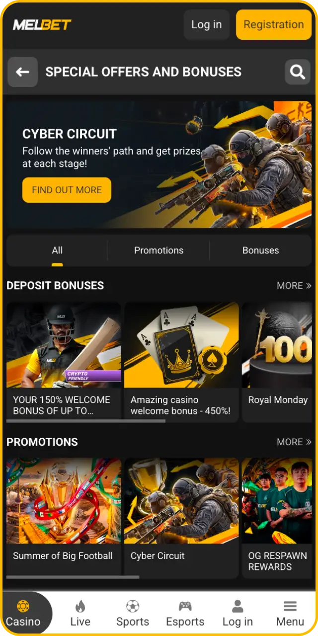 Review the bonuses interface overview section using the convenient Melbet app.