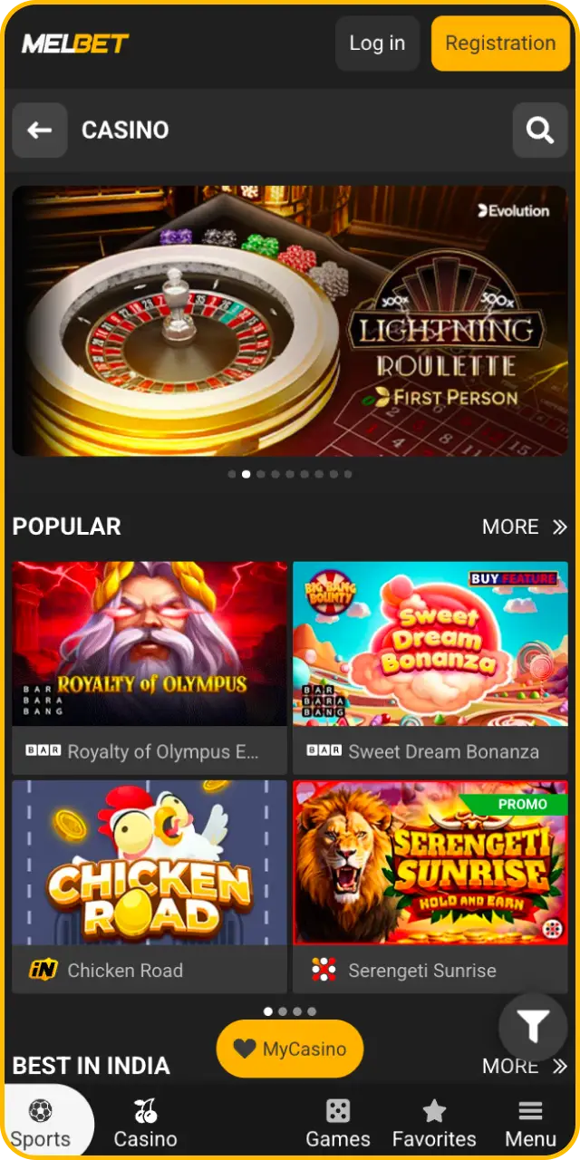 Check the casino interface overview layout within the official Melbet app.