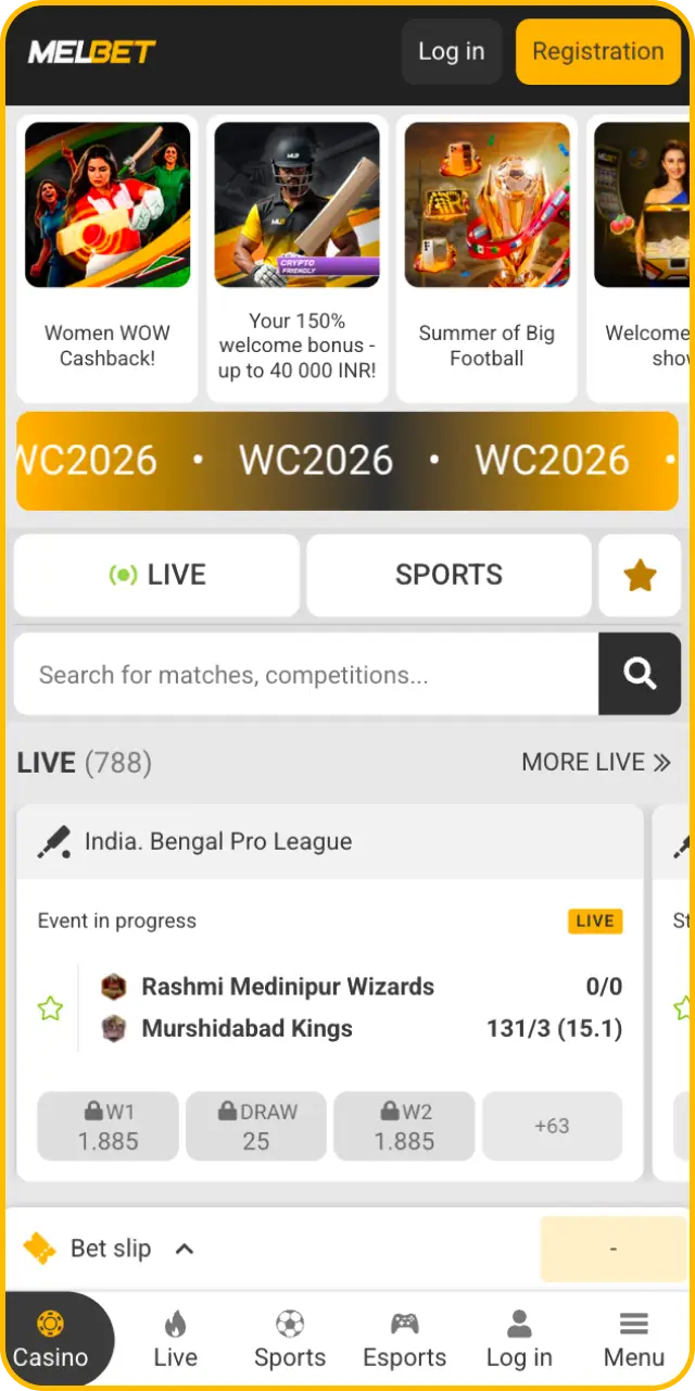 Explore the main interface overview screen of the updated Melbet app.