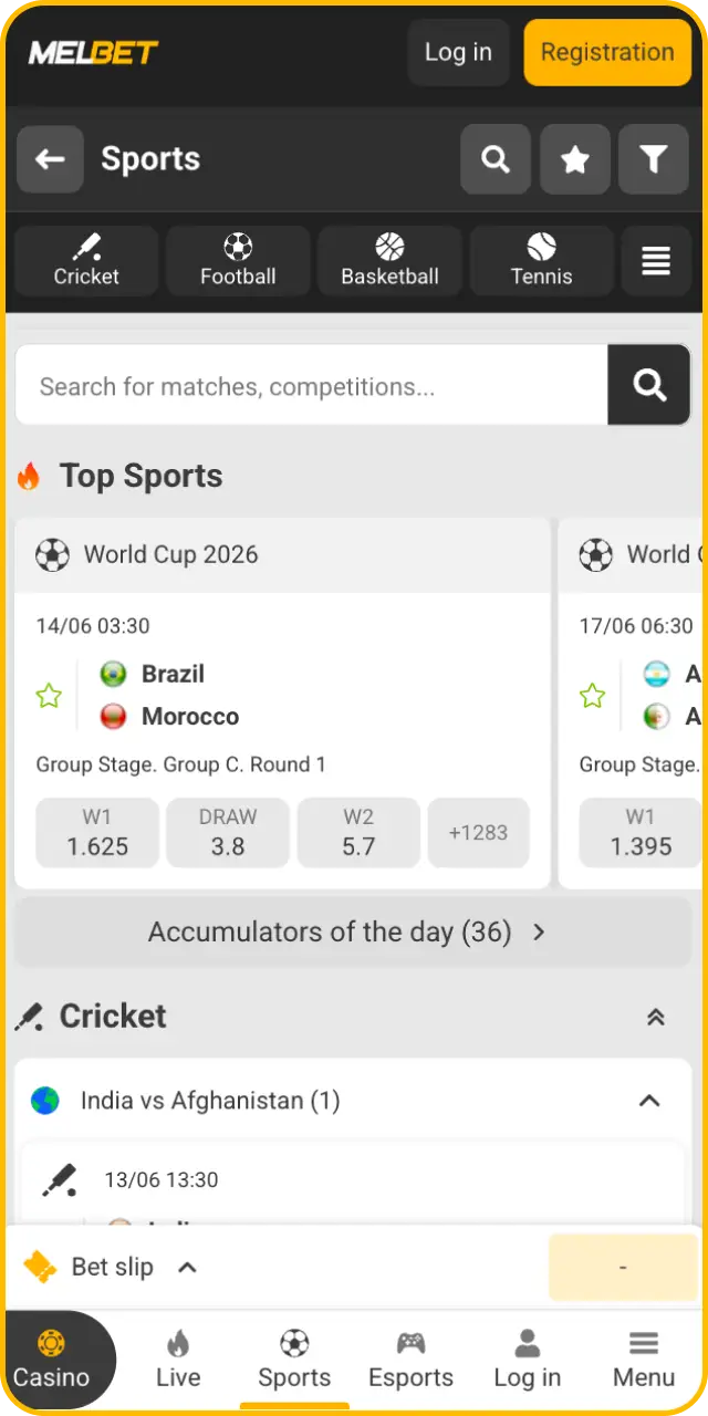 Navigate the sports interface overview tab in your mobile Melbet app.