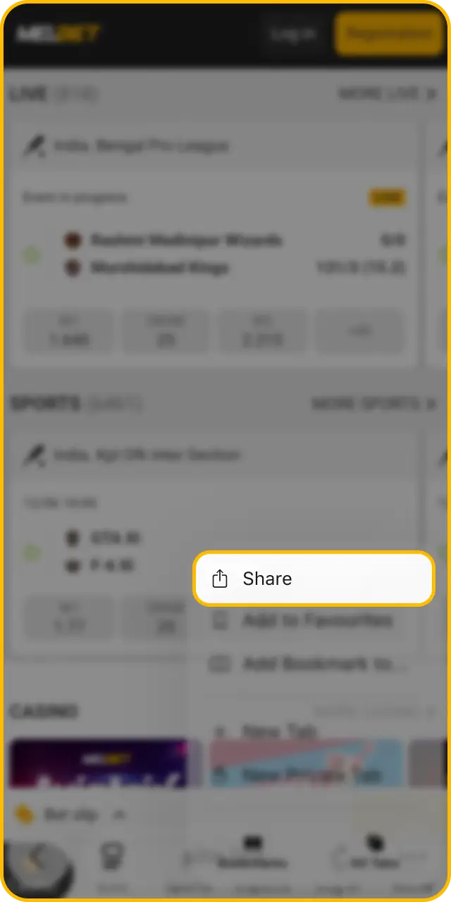 Select the share icon to continue setting up the Melbet app.