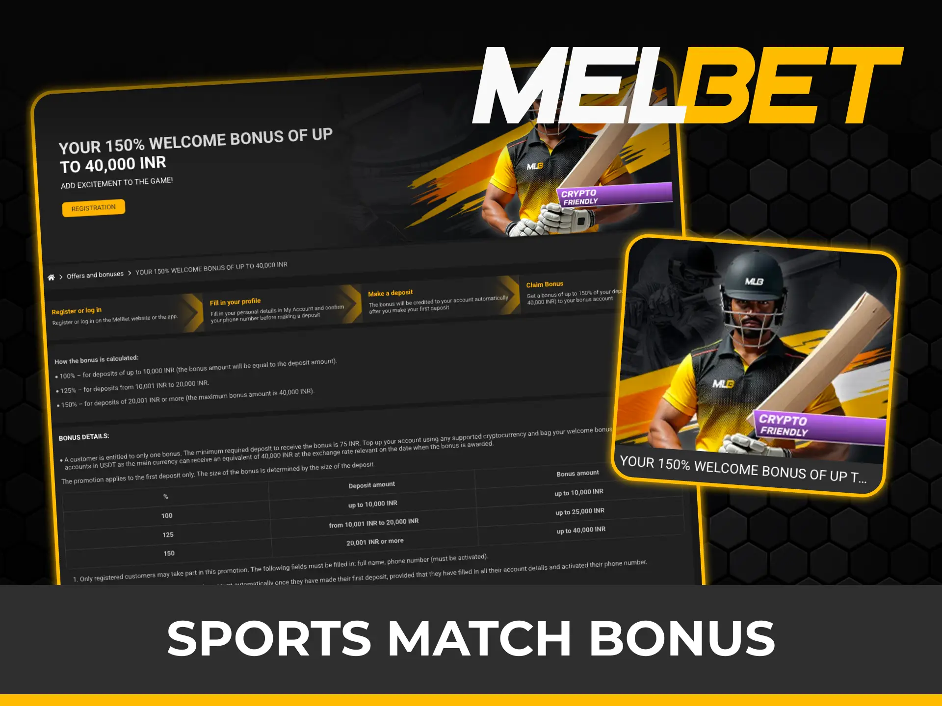 Claim your special sports match bonus package to increase your Melbet bonus.