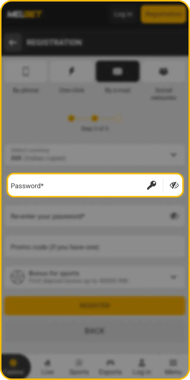 Create a secure password to protect your Melbet sign up profile.