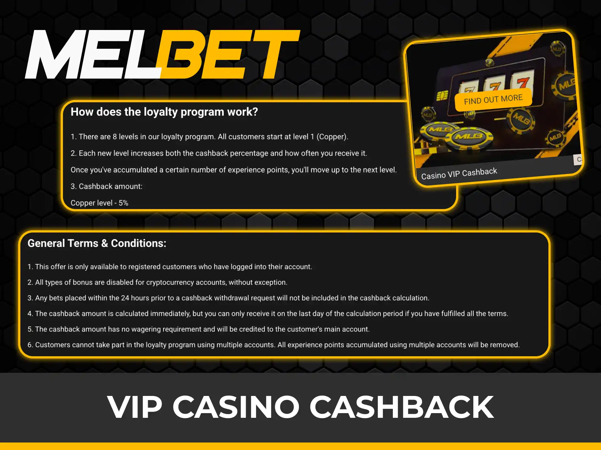 Join the VIP casino cashback program and return funds on Melbet.