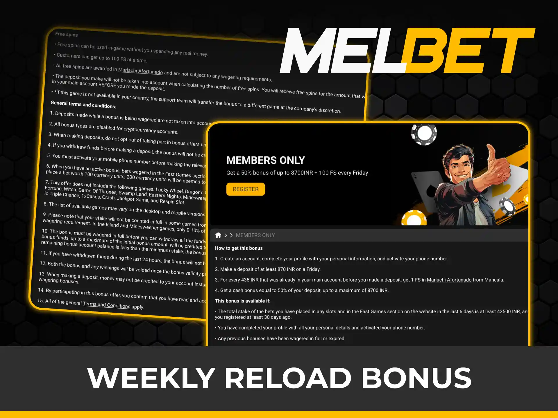 Receive a weekly reload bonus for active members on Melbet.