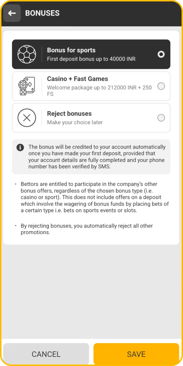 Select your reward preference when you choose to register with bonus code at Melbet.