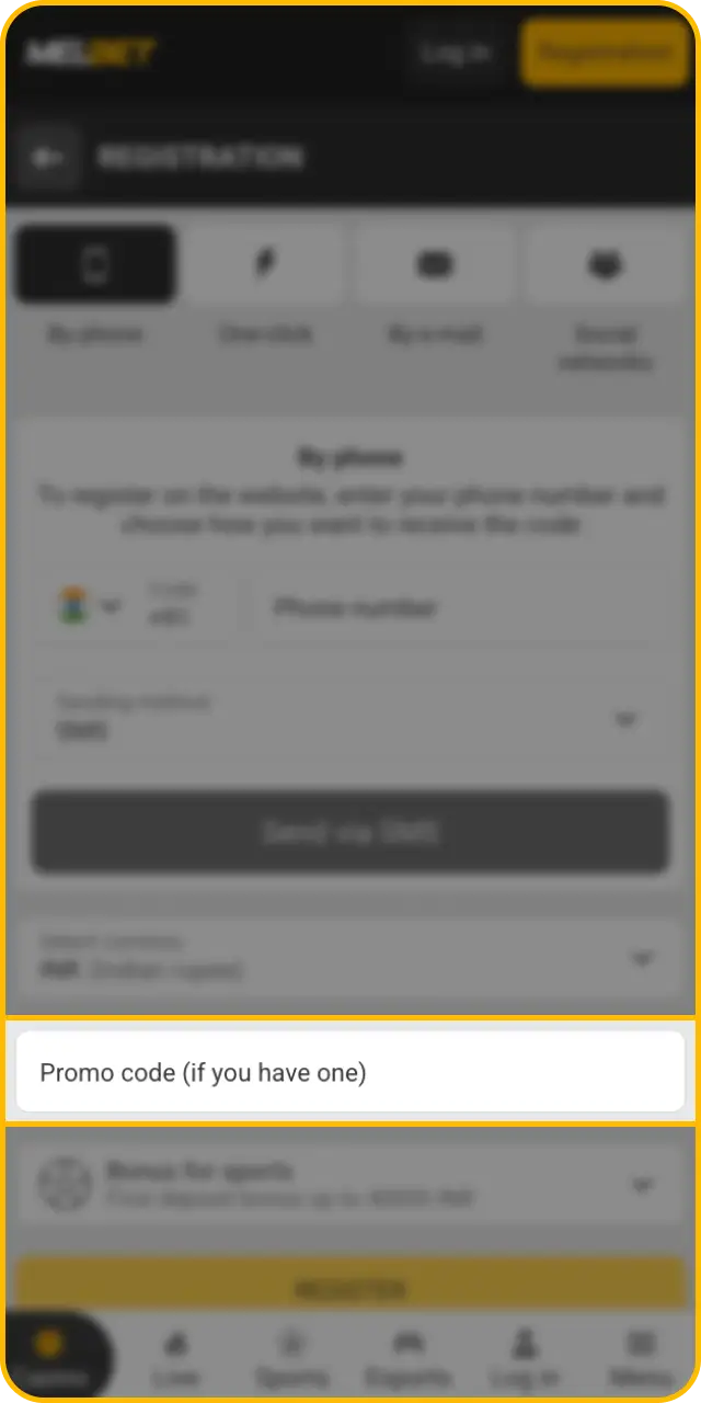 Insert the code combination into the designated field during Melbet sign up with promo code in India.