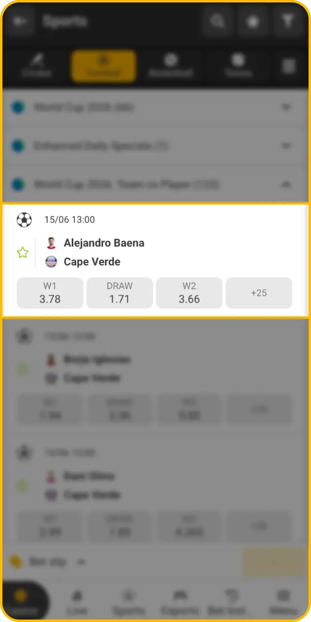 Select a specific outcome on the dashboard for how to place your first bet on Melbet.