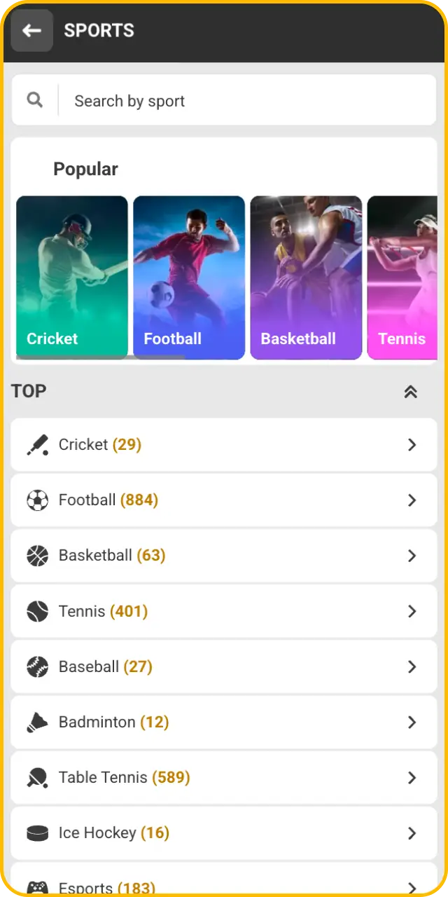 Find your favorite sport from the list showing how to place your first bet on Melbet.