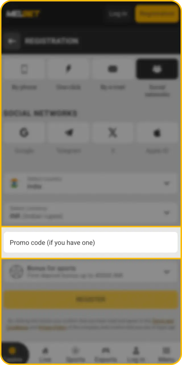 Enter the secret code to trigger the Melbet sign up with promo code to get bonus offer.